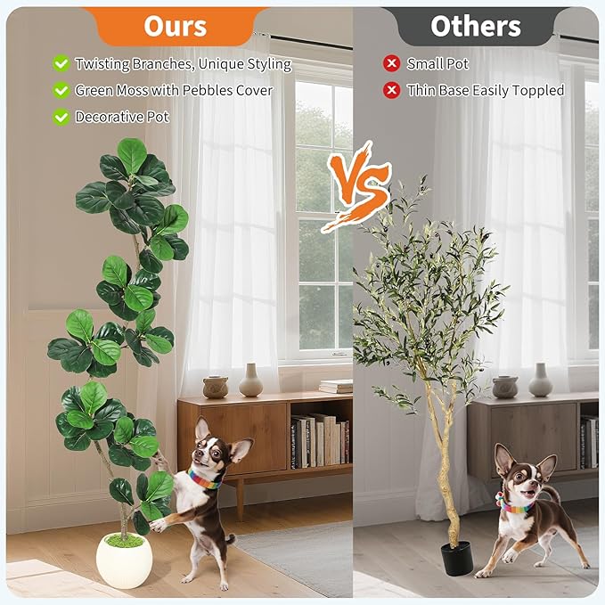 GarveeHome Fiddle Leaf Fig Artificial Tree with White Planter,7 ft Faux Plants Indoor with Moss, Fake Rubber Tall Fake Floor Plant in Pot - Artificial Trees for Home Office Living Room Decor