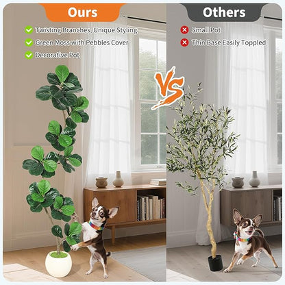 GarveeHome Fiddle Leaf Fig Artificial Tree with White Planter,7 ft Faux Plants Indoor with Moss, Fake Rubber Tall Fake Floor Plant in Pot - Artificial Trees for Home Office Living Room Decor