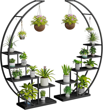 JACK&JULIA Plant Stand, Moon 5 Tier Tall Metal Plant Shelf with 3 Hooks, Large Curved Shape Rack Plant Holder for Living Room, Garden, Patio, Balcony