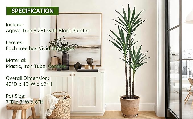 Artificial Agave Tree 5.2FT with 45 Leaves & 3 Trunks & Elegant Black Pot Lifelike Tall Large Fake Faux Modern Tree 62 Inch for Indoor Home Office Porch Store Corner Decor Housewarming Gift