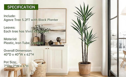 Artificial Agave Tree 5.2FT with 45 Leaves & 3 Trunks & Elegant Black Pot Lifelike Tall Large Fake Faux Modern Tree 62 Inch for Indoor Home Office Porch Store Corner Decor Housewarming Gift