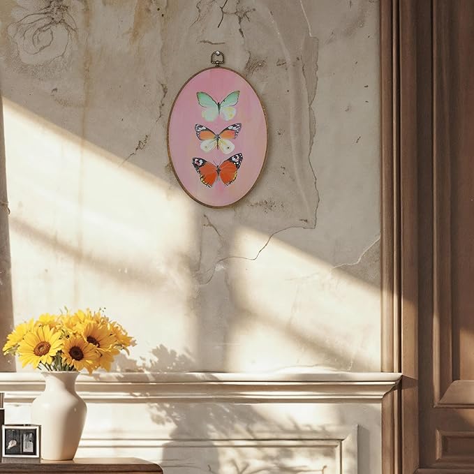 LKETW Butterfly Oval Wall Art Decor, Colorful Butterfly Oval Canvas Hanging Decor, Nature Insert Pink Wall Decorations for Girly Room Bedroom Home Living Room Office, 8.6x11.4 Inch