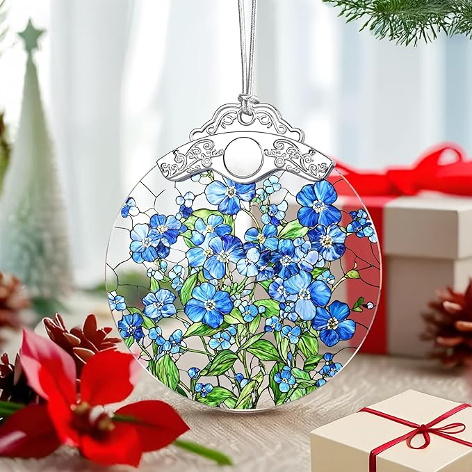 Forget-Me-Not Flowers Ornament – Christmas Decoration & Christmas Ornament; Stained Glass Holiday Decoration (Holiday Present, Bauble Present, Gift Idea, Gift Exchange) | Heirloom Keepsakes