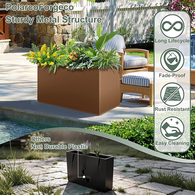 Large Metal Planter Box for Indoor & Outdoor Plants, Flowers, Rectangular Planters with Drainage Holes for Patio, Front Porch, All-Weather Use (32" L x 10" W x 16" H, Brown)