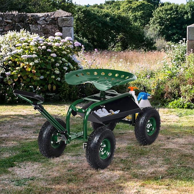 Goplus Rolling Garden Cart with Seat, Outdoor Garden Stool with Wheels, Tool Tray & Basket, Adjustable Steering Handle, 360 Degree Swivel Seat for Planting, Gardening Scooter for Lawn, Yard, Patio