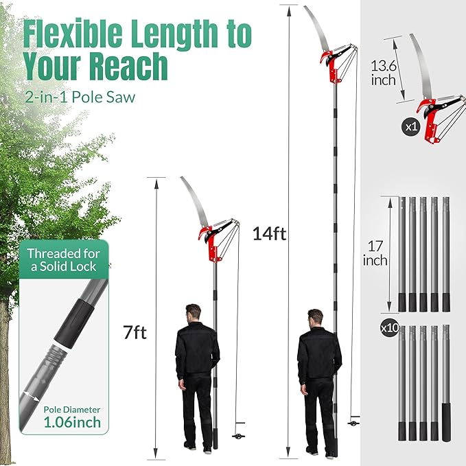 Suchtale Manual Pole Saw, 14FT Extendable Tree Pruner with Steel Blade & Scissors, Long Handle Limb Cutter,Tree Trimmer for High Branches,Palms and Shrubs, Yard Garden Pruning Saw,Branch Trimming