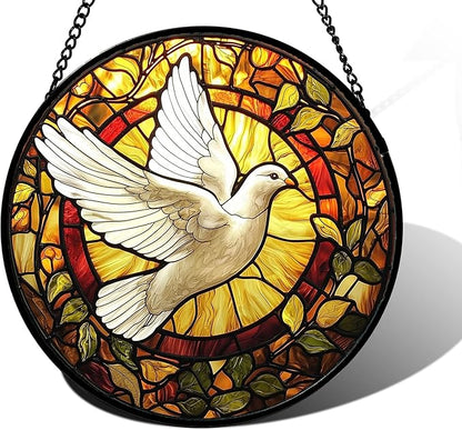Stained Glass Window Hanging, Flying White Dove Sun Catchers Diamond Glass Panel Hangings Cute Birds Suncatcher Decor for Birthday for Women, Men, Wife, Aunt, and Mom 9.8X9.8 in