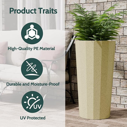 2PCS Tall Planters for Outdoor Plants, 23.6 Inches Large Outdoor Conical Flower Pots for Porch with Drainage Holes and Drainage Baffle, Tapered Large Planters for Garden, Balcony Use, Beige