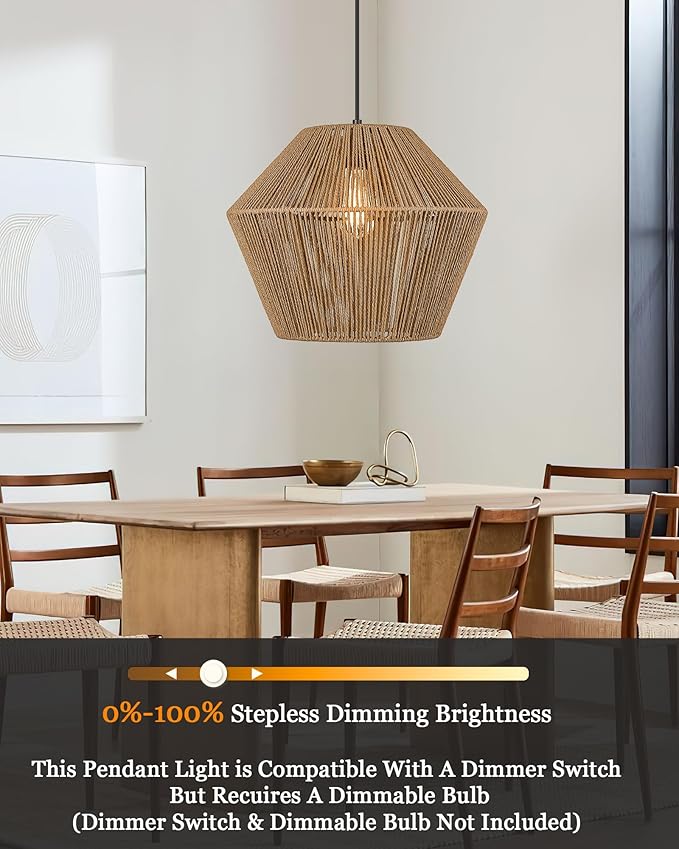 ELYONA 16.5” Large Woven Pendant Light Modern Boho Chandelier Handwoven Rattan Basket Shade Rustic Pendant Light Fixtures Farmhouse Ceiling Hanging Lamp for Dining Room Kitchen Bedroom Entryway Foyer
