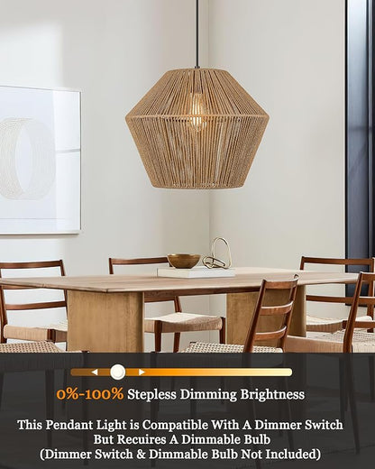 ELYONA 16.5” Large Woven Pendant Light Modern Boho Chandelier Handwoven Rattan Basket Shade Rustic Pendant Light Fixtures Farmhouse Ceiling Hanging Lamp for Dining Room Kitchen Bedroom Entryway Foyer