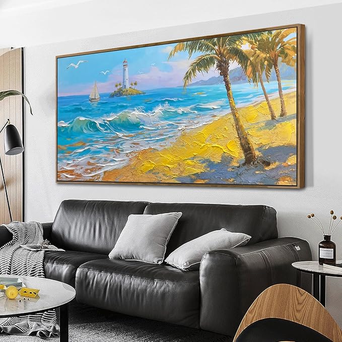 Brushart Beach Nautical Wall Art for Living Room Large Coastal Bedroom Pictures Paintings Wall Decor Ocean Textured Artwork for Dining Room Walls Home Office, Framed 58"x29"