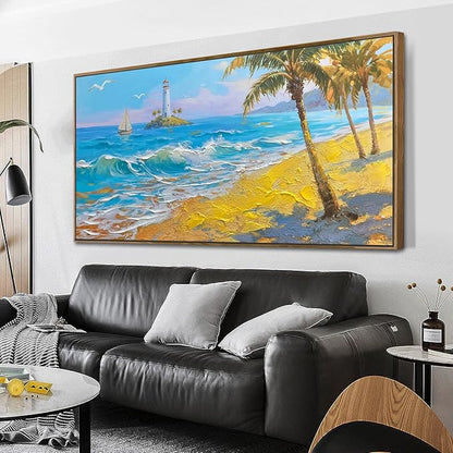 Brushart Beach Nautical Wall Art for Living Room Large Coastal Bedroom Pictures Paintings Wall Decor Ocean Textured Artwork for Dining Room Walls Home Office, Framed 58"x29"