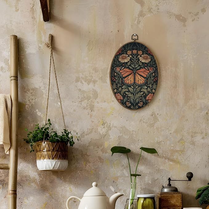 LKETW Vintage Butterfly Oval Wall Art Decor, William Morris Butterfly Floral Oval Canvas Hanging Decor, Retro Cottagecore Botanical Wall Decorations for Home Bedroom Living Room Office, 8.6x11.4 Inch