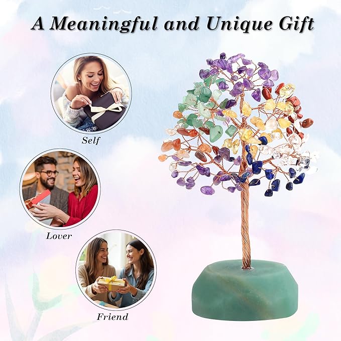 SITUMEIZI 7 Chakra Crystals 7.09IN Healing Stones Natural Green Aventurine Base Copper Wire Tree Life Reiki Gifts for Women Sister Room Office Desk Decor Birthday House Warming Gift