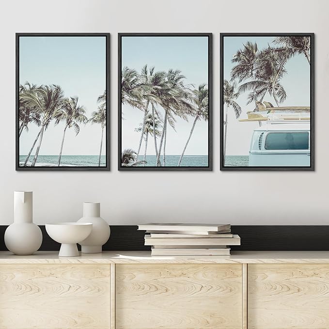 Ashbrook Framed Canvas Print Wall Art Set Retro Road Trip Palm Tree Beach Vacation Nature Wilderness Photography Realism Decorative Nautical Calm/Relax/Cozy for Bedroom - 16"x24"x3 BLACK