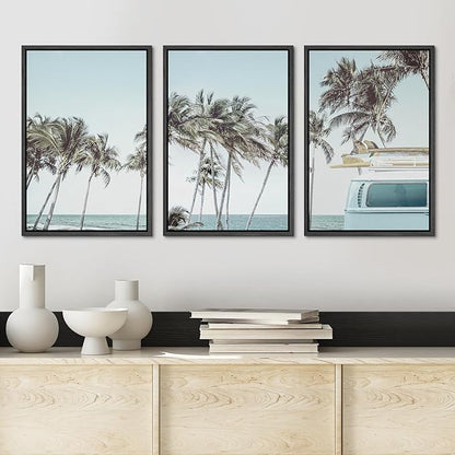 Ashbrook Framed Canvas Print Wall Art Set Retro Road Trip Palm Tree Beach Vacation Nature Wilderness Photography Realism Decorative Nautical Calm/Relax/Cozy for Bedroom - 16"x24"x3 BLACK