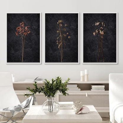Ashbrook Framed Canvas Print Wall Art Set Dark Moody Wildflowers Nature Wilderness Illustrations Modern Art Decorative Floral Botanical Minimal Calm/Relax/Cozy for Bedroom - 16"x24"x3 White