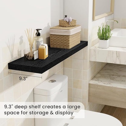 Fun Memories 36 Inch Floating Shelves, 9.3 Inch Deep Rustic Wall Shelves - Extra Deeper Wall Mounted Storage Shelves for Bathroom, Kitchen, Living Room (Black, Set of 2)