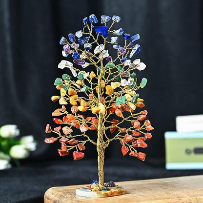 7 Chakra Tree of Life - Geode Agate Slice Base, Crystal Tree for Positive Energy, Feng Shui Decor - Gemstone Tree, Good Luck Money Bonsai, Healing Stones, Seven Chakra Tree, Spiritual Mystical Gift