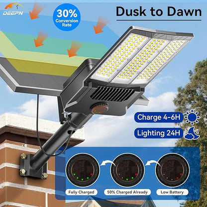 Deepn 10000W Solar Street Lights Outdoor Commercial Parking Lot Lights Aluminum LED Security Flood Light with Motion Sensor & Dusk to Dawn, Solar Outdoor Lights Waterproof for Yard, SZ3000, 2 Pack