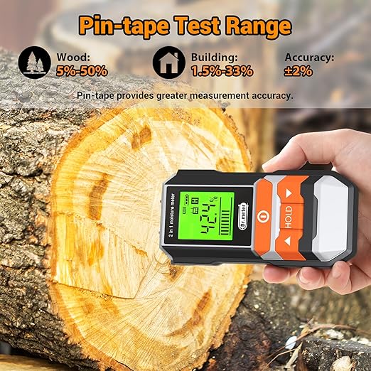 Wood Moisture Meter, 2 in 1 Pin & Pinless Moisture Tester, Digital Dampness Moisture Sensor Detector for Wood Firewood Drywall Paper Floor Woodworking, Water Leak Detector