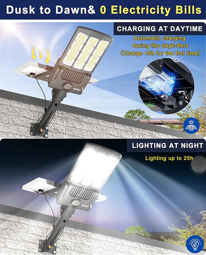 JAYNLT Y-6500W Solar Street Lights Outdoor, 650000LM 6500K High Powered Commercial Parking Lot Lights Dusk to Dawn, Waterproof Solar Security Flood Lamps with Remote for Driveways, Basketball Courts