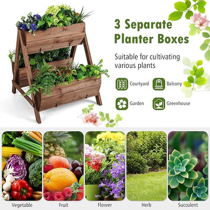 S AFSTAR 21-Inch Vertical Raised Garden Bed, 3 Tiered Wooden Planter Boxes 26" L x 29" W x 29" H, Drainage Holes, Indoor Outdoor Flowerbed, Freestanding Elevated Planter Box for Garden Flower Veggies