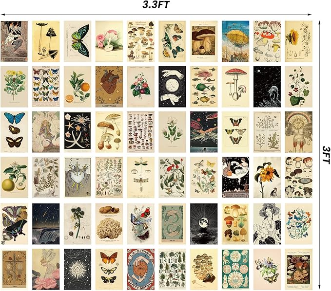 Containlol 60 Pcs Vintage Wall Collage Kit Maximalist Paintings Art Prints Botanical Illustration Tarot Aesthetic Vintage Prints Cards Photo Wall Collection Aesthetic Collage Dorm Bedroom Decor