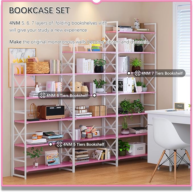 4NM 6 Tiers No Assembly Book Shelves, 61.8" H Folding Bookshelf Bookcase Open Industrial Foldable Shelves for Bedroom, Living Room, Home Office - Pink White