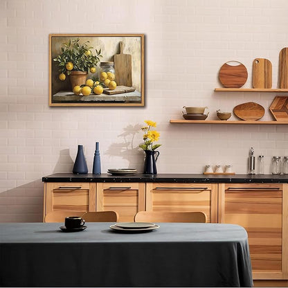 Floating Framed Vintage Kitchen Wall Art, Yellow Lemon Still Life Wall Decor Oil Paintings, Rustic Farmhouse Artwork Canvas Posters Prints Pictures for Living Room Bedroom Home Decor 16x24 Inch