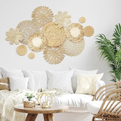 Glenmal Set of 13 Boho Wall Basket Decor Woven Rattan Flat Baskets Handmade Boho Wicker Bamboo Seagrass Wall Hanging Decor for Bedroom Living Room Dining Room Office Ready to Hang(Plain)
