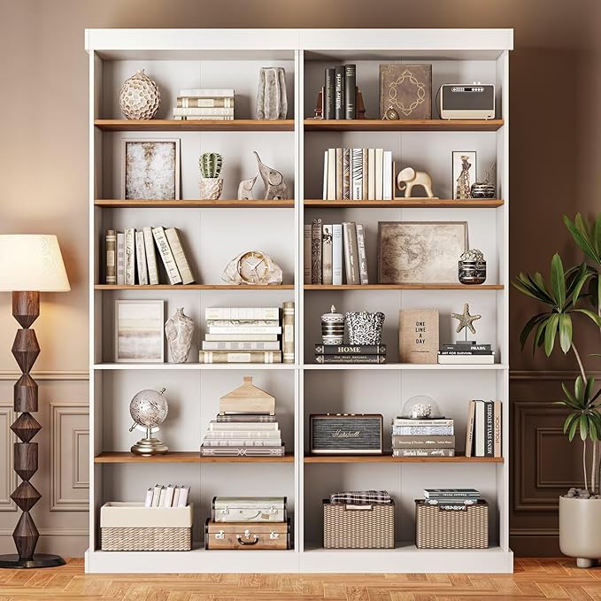 Vyre 70.8" Tall White Bookshelf, Farmhouse Modular Bookcase with 6-Tier Adjustable Shelves, Large Storage Cabinet for Home Office, Living Room, Set of 2