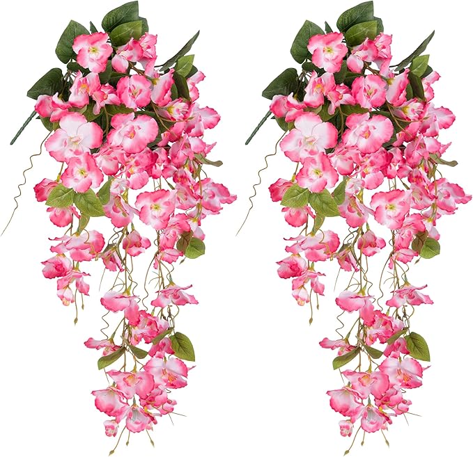Fake Hibiscus Artificial Hanging Flowers Plants for Outdoors Spring Decoration, 2pcs Silk Hibiscus Vines Realistic UV Resistant Pink Faux Flowers for Outside Planter Porch Patio Yard Wedding Party Urn