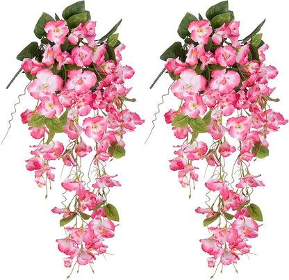 Fake Hibiscus Artificial Hanging Flowers Plants for Outdoors Spring Decoration, 4pcs Silk Hibiscus Vines Realistic UV Resistant Pink Faux Flowers for Outside Planter Porch Patio Yard Wedding Party Urn