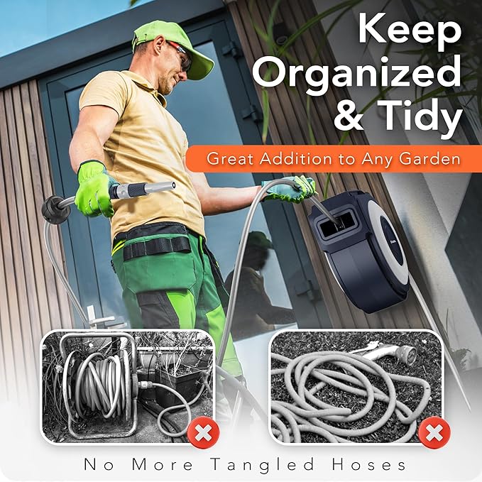 Wall Mount Retractable Garden Hose Reel, 50 ft, Automatic Self-Retracting, Metal Mounting Bracket, 1/2 Inch Hose Included