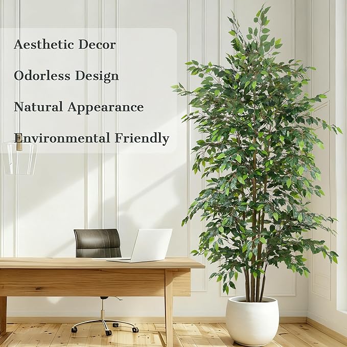 8FT Artificial Ficus Tree - Large Faux Plant Indoor Tree with Dense Leaves and Realistic Trunks,96" Tall Fake Tropical Plant Potted Artificial Floor Plant Trees for Home Living Room Porch Office Decor