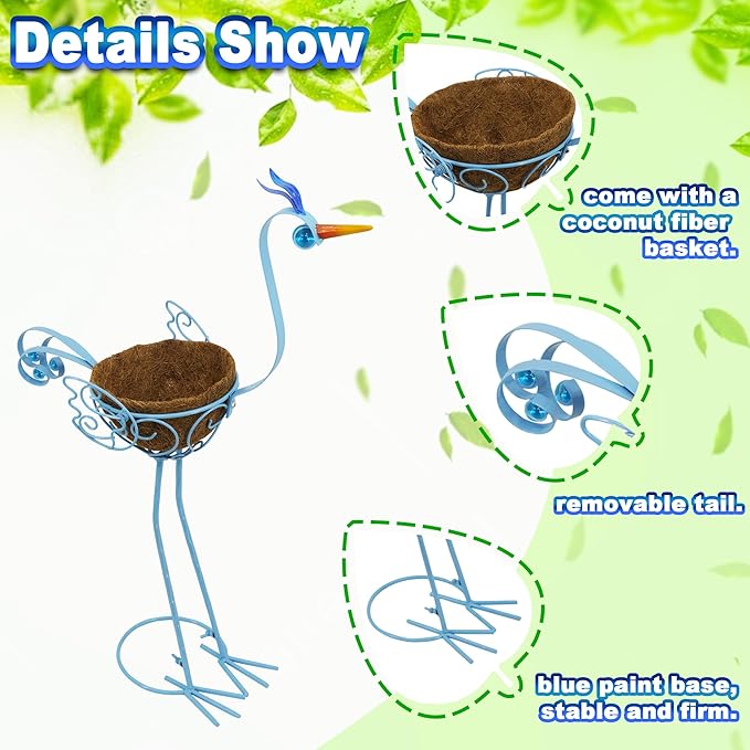 J-Fly 2 Sets Pelican Metal Flowers Plant Holders Stand with Coconut Pots, Plants Stand Indoor Flower Pots Outdoor, Room Home Living Room Front Outdoor Patio Decor, Gardening Christmas Decoration Gifts