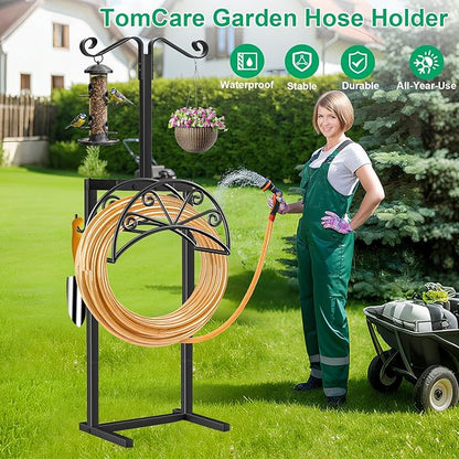 TomCare Garden Hose Holder with Shepherds Hooks Heavy Duty Water Hose Holder Holds 160 FT Hoses Freestanding Hose Reel with 2 Tool Hooks Stable Hoses Hanger Storage Stand for Outside Yard, Black