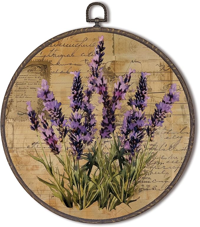 XNXLDYLH Vintage Lavender Flower Round Framed Wall Art Decor, Rustic Purple Lavender Floral Bathroom Room Hanging Wall Decor Decorations, Botanical Canvas Prints Wall Art Pictures Paintings, 10x10Inch