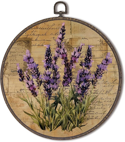 XNXLDYLH Vintage Lavender Flower Round Framed Wall Art Decor, Rustic Purple Lavender Floral Bathroom Room Hanging Wall Decor Decorations, Botanical Canvas Prints Wall Art Pictures Paintings, 10x10Inch