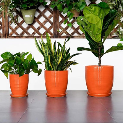 12 Inch Pots for Plants - Ceramic Plant Pots with Drainage Hole and Saucer, Modern Planter for Indoor Outdoor, Round Flower Planters, Porch Home Garden Decor, Gifts for Women, Orange