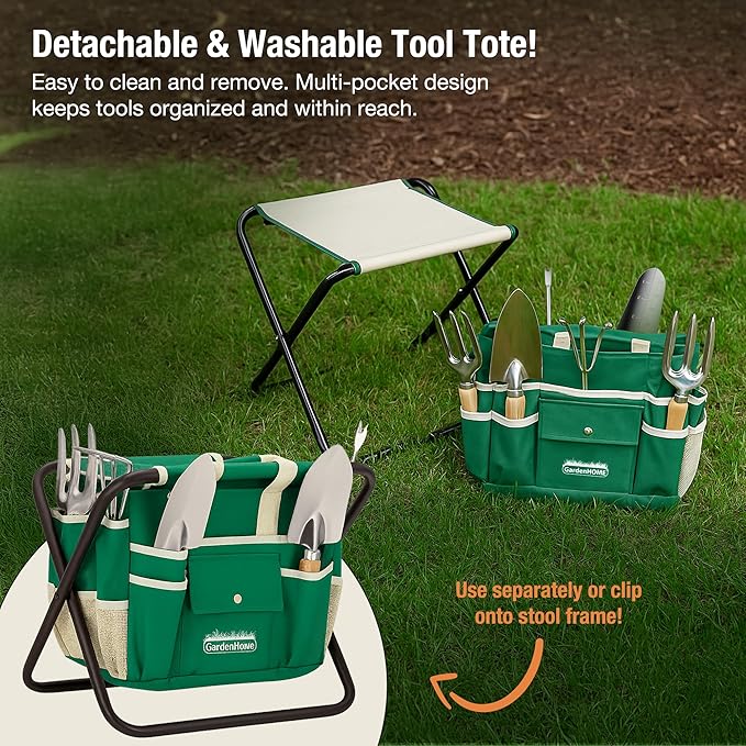 GardenHOME 7-Piece Gardening Tool Set – Stainless Steel Tools with Wooden Handles, Folding Stool & Canvas Tote, Durable Garden Kit for Women and Beginners