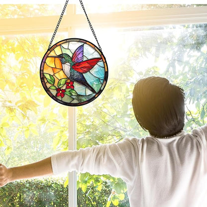 Stained Glass Window Hanging, Hummingbird Gifts Sun Catchers Diamond Glass Panel Hangings Birds Suncatcher Decor for Birthday for Women, Men, Wife, Aunt, and Mom 6.3 in
