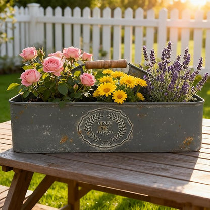 Vintage Metal Planter with Wooden Handle, Rustic Flower Pot with 6 Compartment Farmhouse Plants Holder Succulents Tubs for Garden Patio Yard Outdoor Decor (Blue - 6 Compartment)