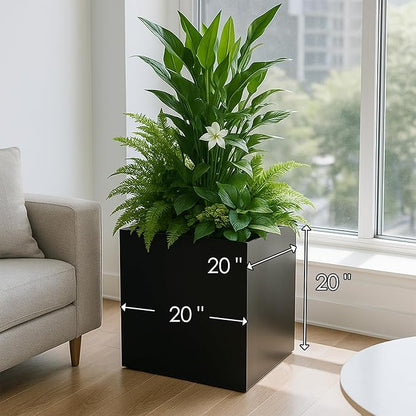 Kozyard 20'' Cube Metal Planter Steel Planter Box Black Steel Flower Pot with Saucer Partition Panel for Trees Plants Flowers Indoor Outdoor Garden Patio Deck Yard