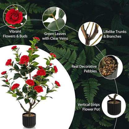 Goplus 38’’ Artificial Camellia Tree, Flower Plants Artificial Tree, Faux Floral Plant Blooming Tree in Cement Pot, Greenery Potted Plant for Indoor Outdoor Office Home Porch Decor