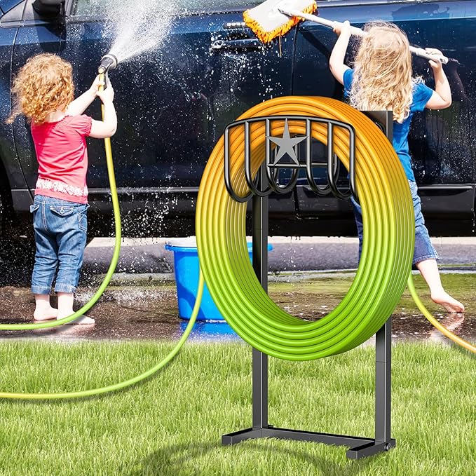 Garden Hose Holder – Heavy-Duty Freestanding Metal Stand, Holds 150FT Hose, with Stable 4-Spike Base, Easy to Install for Outdoor Yard, Lawn, Garden (Black)
