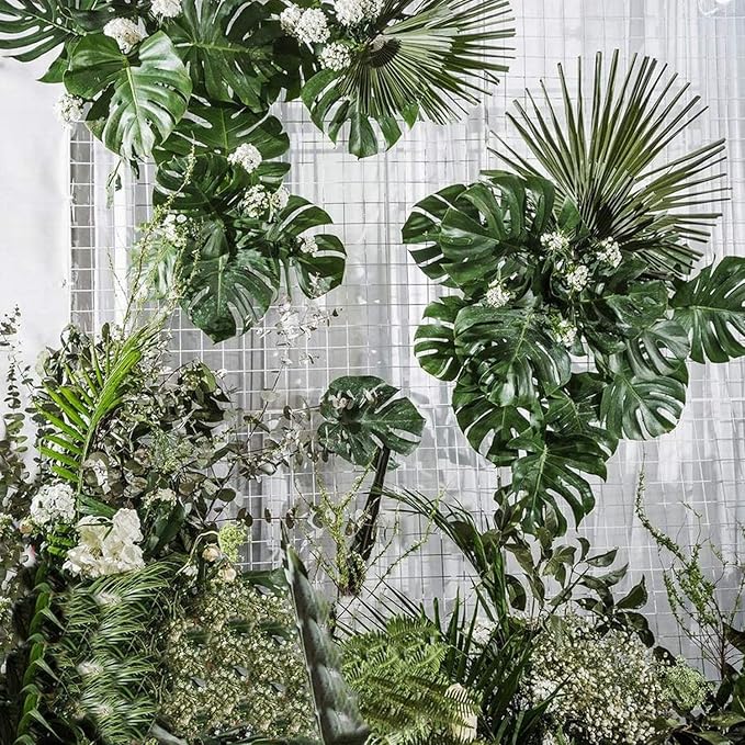80pc 4-Kind Artificial Palm Leaves with Stems - Faux Monstera, Tropical Plant Simulation Safari Leaves for Tropical Decorations, Beach, Birthday, Jungle, Hawaiian Luau Parties