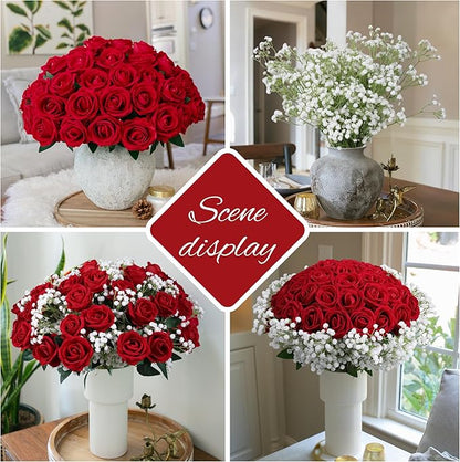 HyeFlora 35 PCS Red Roses Artificial Flowers 15 PCS Fake Baby Breath Realistic Fake Flowers Bouquet with Stem for DIY Wedding Party Home Decoration Vase Tables Centerpieces Arrangements Gift for Her