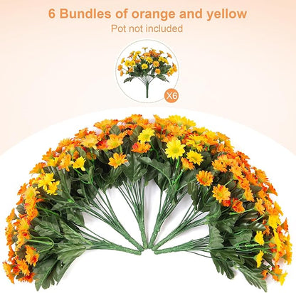 Fake Mums Fall Artificial Flowers for Outdoor Decoration, 6 Bundles Faux Silk Daisy Flowers Realistic UV Resistant No Fade Fall Fake Plants for Home Patio Porch Garden Window Box Decor(Yellow Orange)